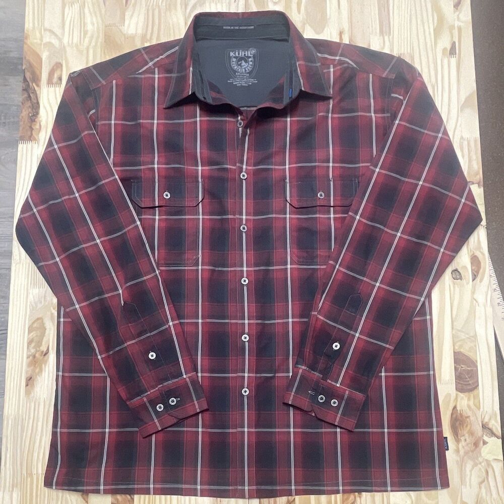 KUHL Men's 2XL Red Black White Plaid ELUXER Long Sleeve Button-Up